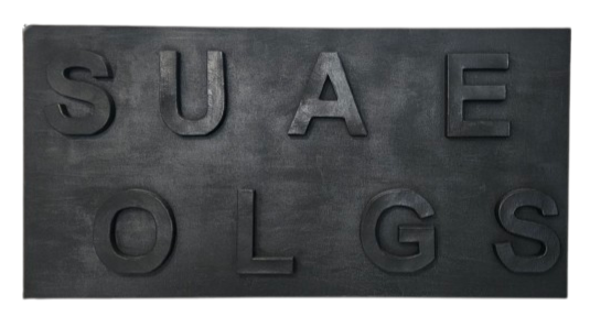 Tableau Soulages en noir / Soulages en lettres en relief / acrylique 